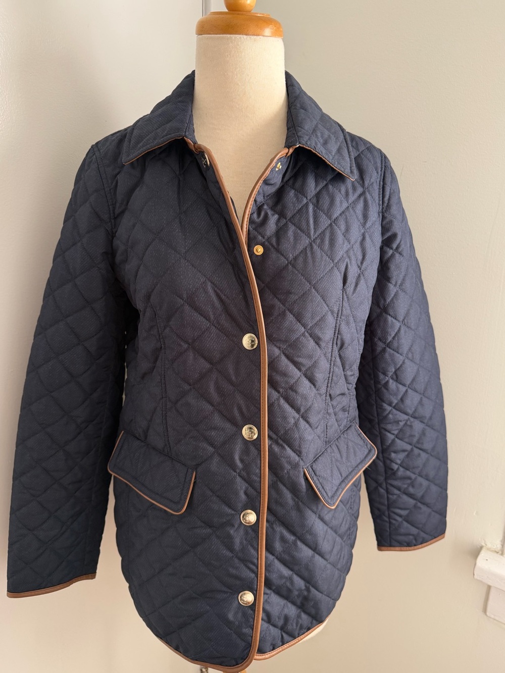 Chico's Navy Quilted Puffer Jacket with Brown Trim - Size 4